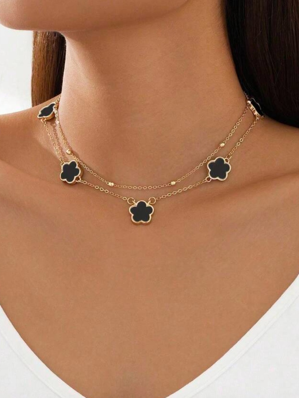Macy's Gold Layered Necklace with Black Clover Charms